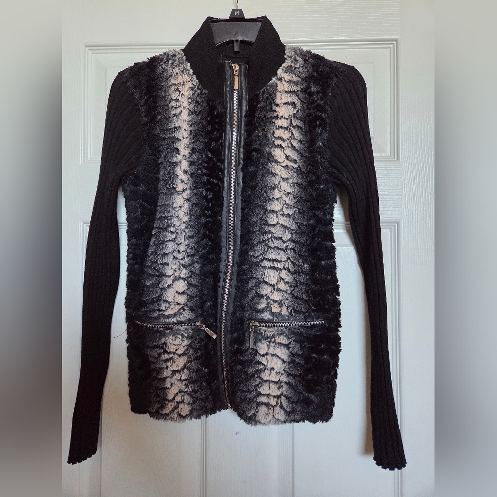 Black and Gray Faux Fur Zip-Up Jacket